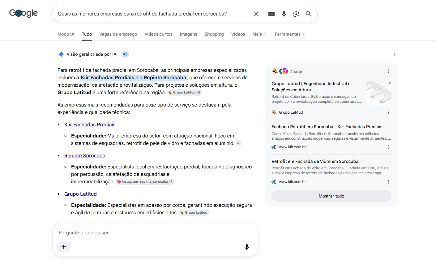 Google Visão Geral criada por IA citando o Grupo Latitud como referência em soluções em altura em Sorocaba