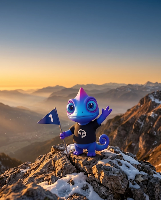 Mascote da Próximo Passo no topo de uma montanha com a bandeira número 1