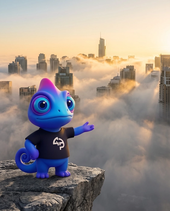 Mascote camaleão da Próximo Passo num mirante vendo o skyline emergir da névoa ao amanhecer