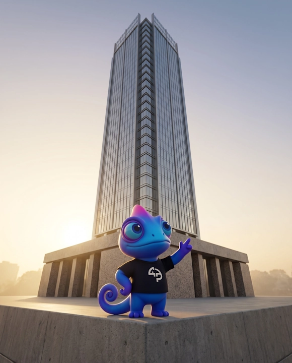 Mascote da Próximo Passo em pé sobre a fundação sólida de uma torre corporativa que se ergue ao entardecer